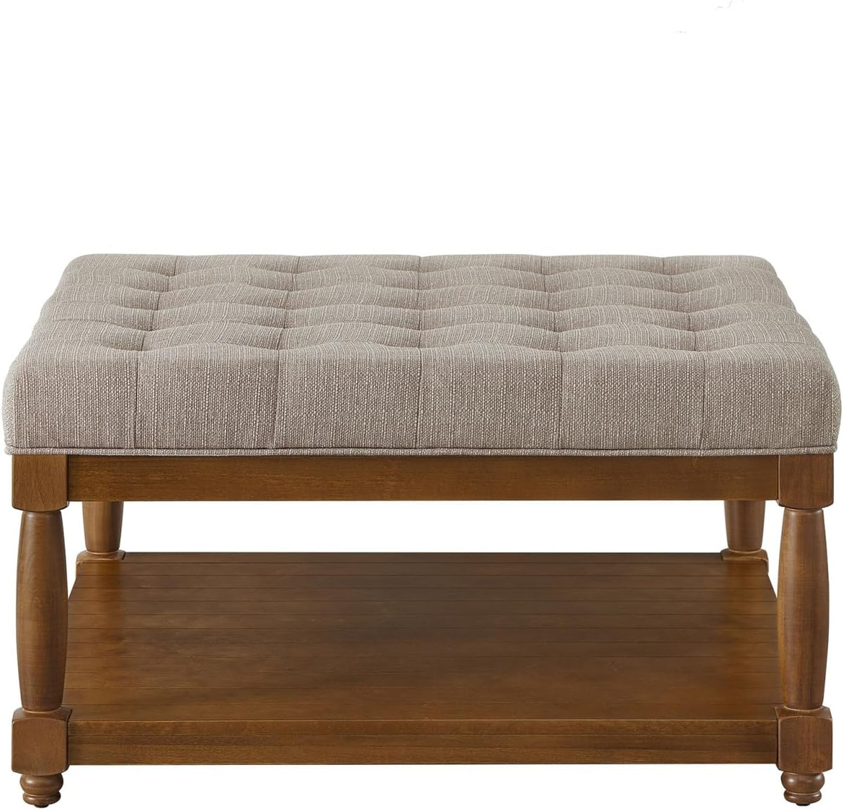 Large Square Upholstered Tufted Linen Ottoman Coffee Table, Large Footrest Ottoman with Solid Wood Shelf- Linen