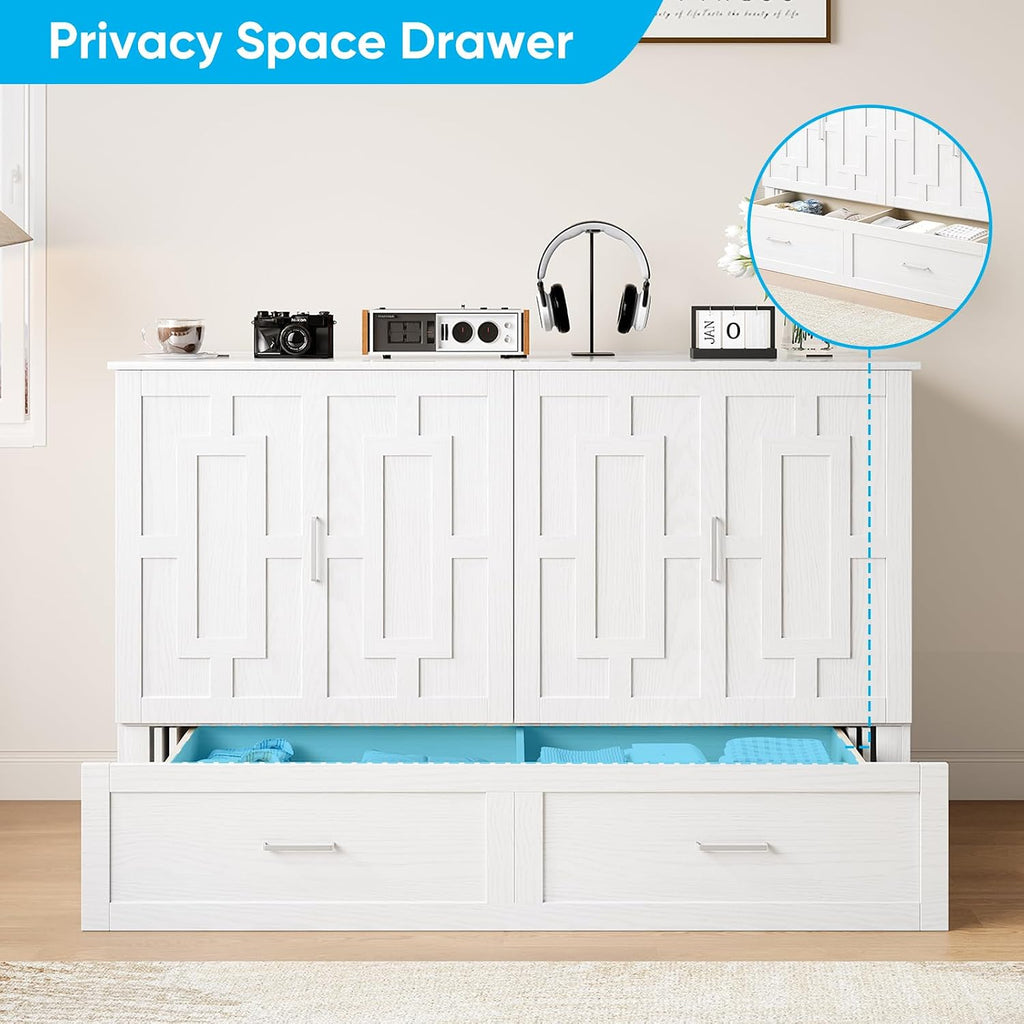 Mjkone 64" Width Queen Size Murphy Bed Cabinet with USB Charging Station, Guest Cabinets Bed with Large Drawers, Cube Cabinet Chest Beds for Bedroom, Home Office, Mattress Not Included, White
