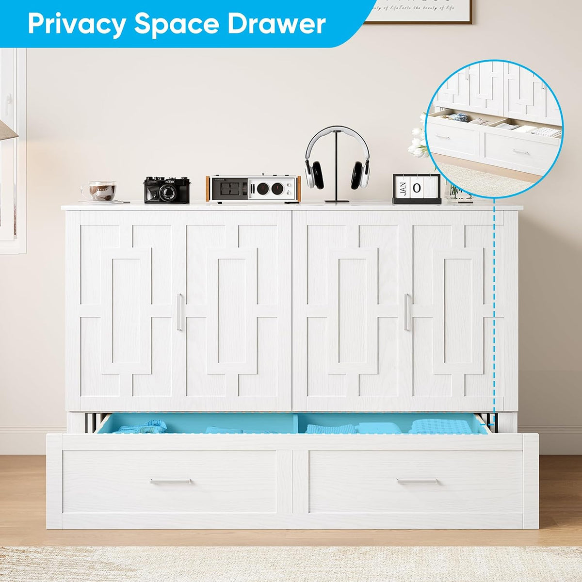 Mjkone 64" Width Queen Size Murphy Bed Cabinet with USB Charging Station, Guest Cabinets Bed with Large Drawers, Cube Cabinet Chest Beds for Bedroom, Home Office, Mattress Not Included, White
