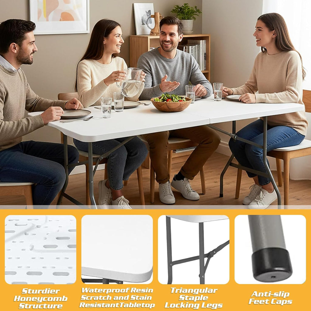 Camp Field 6ft Heavy Duty Portable Table with Spandex Cover, Folding Table for Indoor & Outdoor Picnic & Lemonade Stand for Picnic, Party, Event. (White ste, 6FT Set)