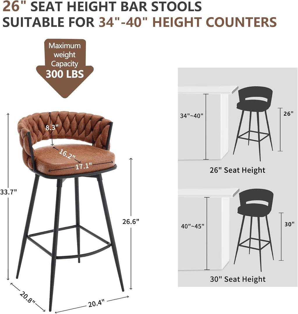 BV Counter Height Bar Stools Set of 4, 26 inch Seat Height Bar Stools, 180° Swivel Barstools with Woven Back and Footrest, Suede Fabric Counter Stools for Kitchen Island, Bar Pub