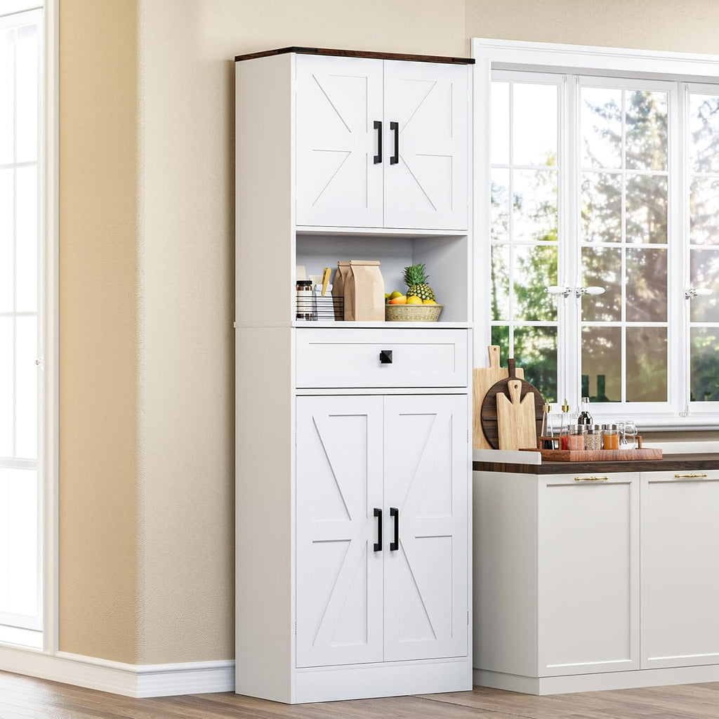 Bigbiglife Farmhouse Kitchen Pantry Cabinet, 67" Tall Kitchen Storage Cabinet, Kitchen Hutch with Microwave Stand & Barn Doors and Drawers for Dining Room, Living Room, Study