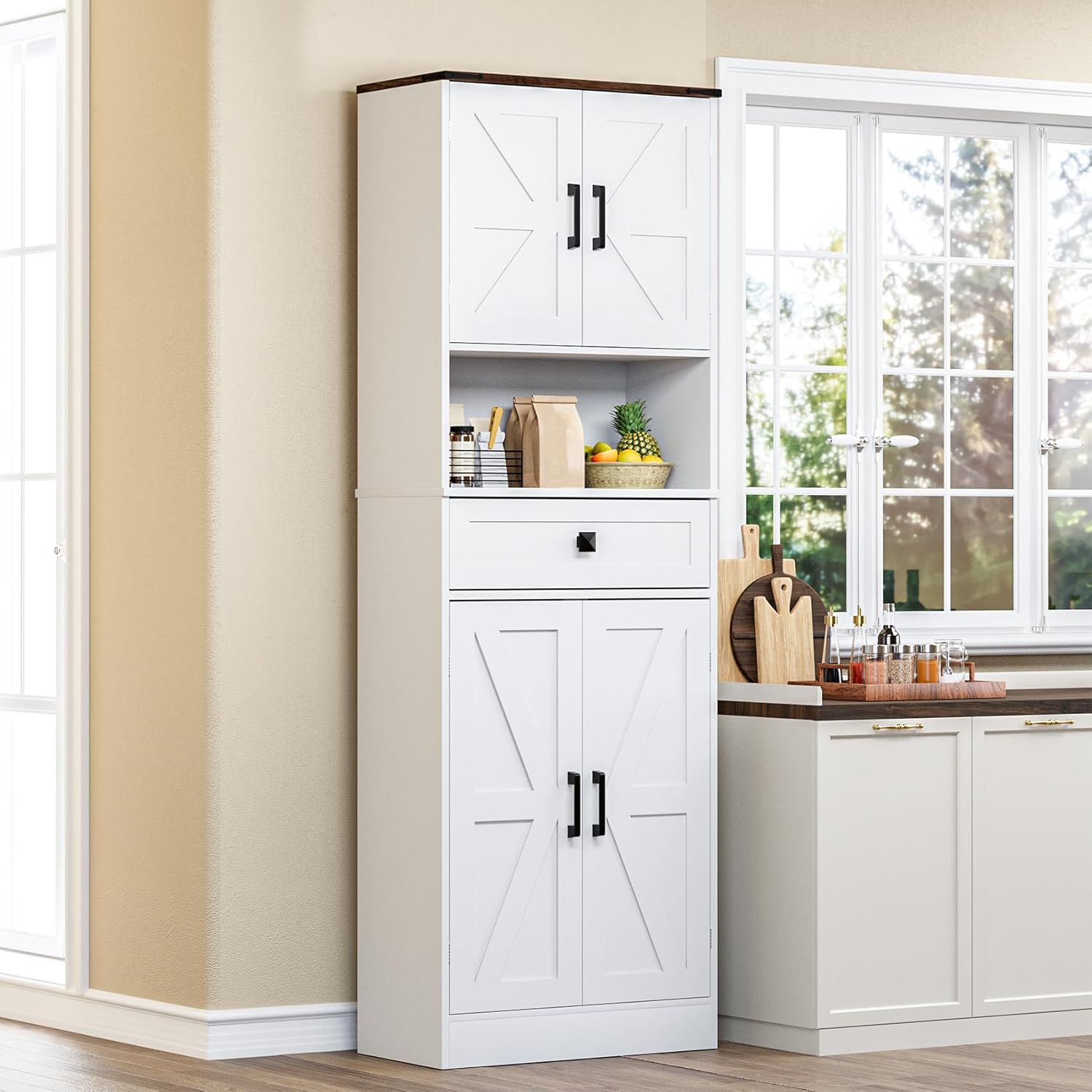 Bigbiglife Farmhouse Kitchen Pantry Cabinet, 67" Tall Kitchen Storage Cabinet, Kitchen Hutch with Microwave Stand & Barn Doors and Drawers for Dining Room, Living Room, Study