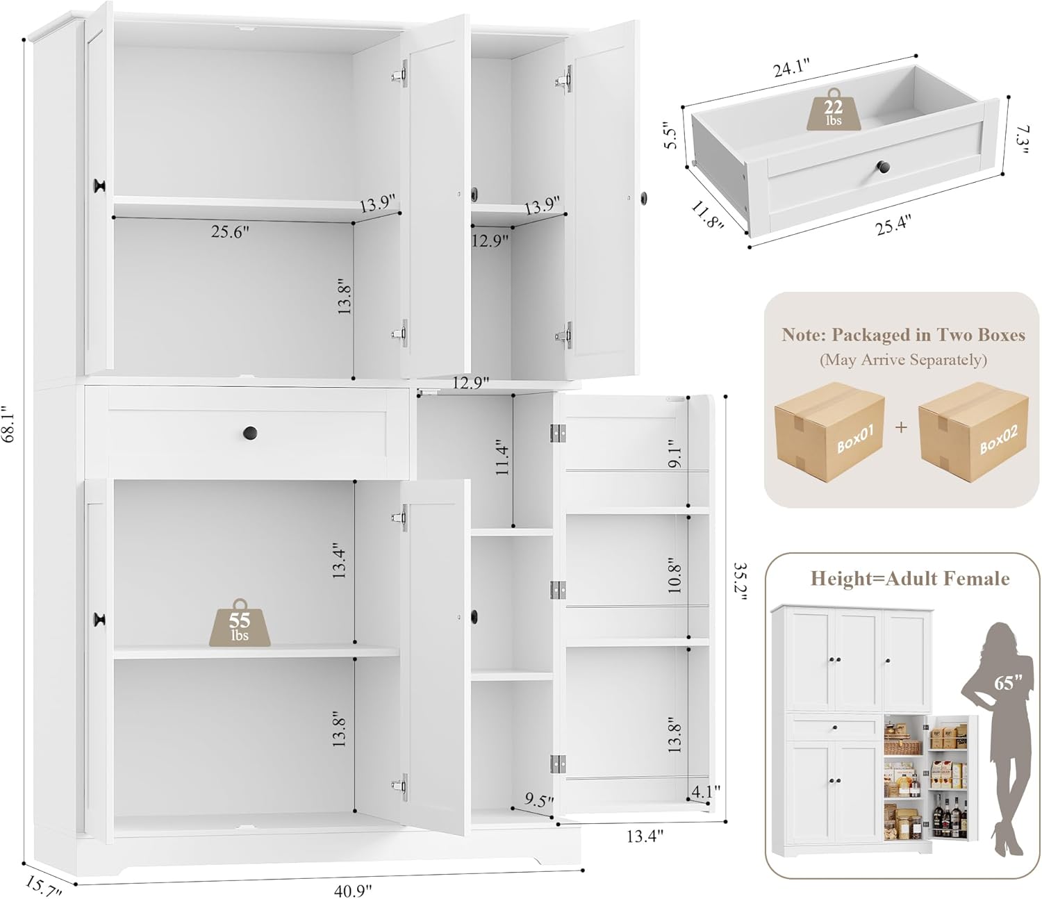HOSTACK 68" Tall Kitchen Pantry Storage Cabinet with Doors & Shelves, White | Large Pantry Cabinet with Door Rack, Freestanding Kitchen Storage Cabinet with Drawer, Food Pantry for Dining Living room