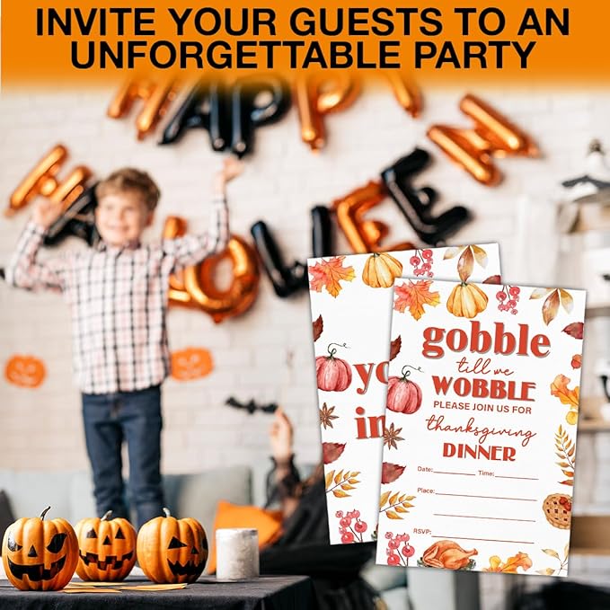 Thanksgiving Party Invitations Fall Pumpkins Turkey Friendsgiving Thanksgiving Dinner Party Fill in Invites Cards With Envelopes (20 Count), Double Sided Design