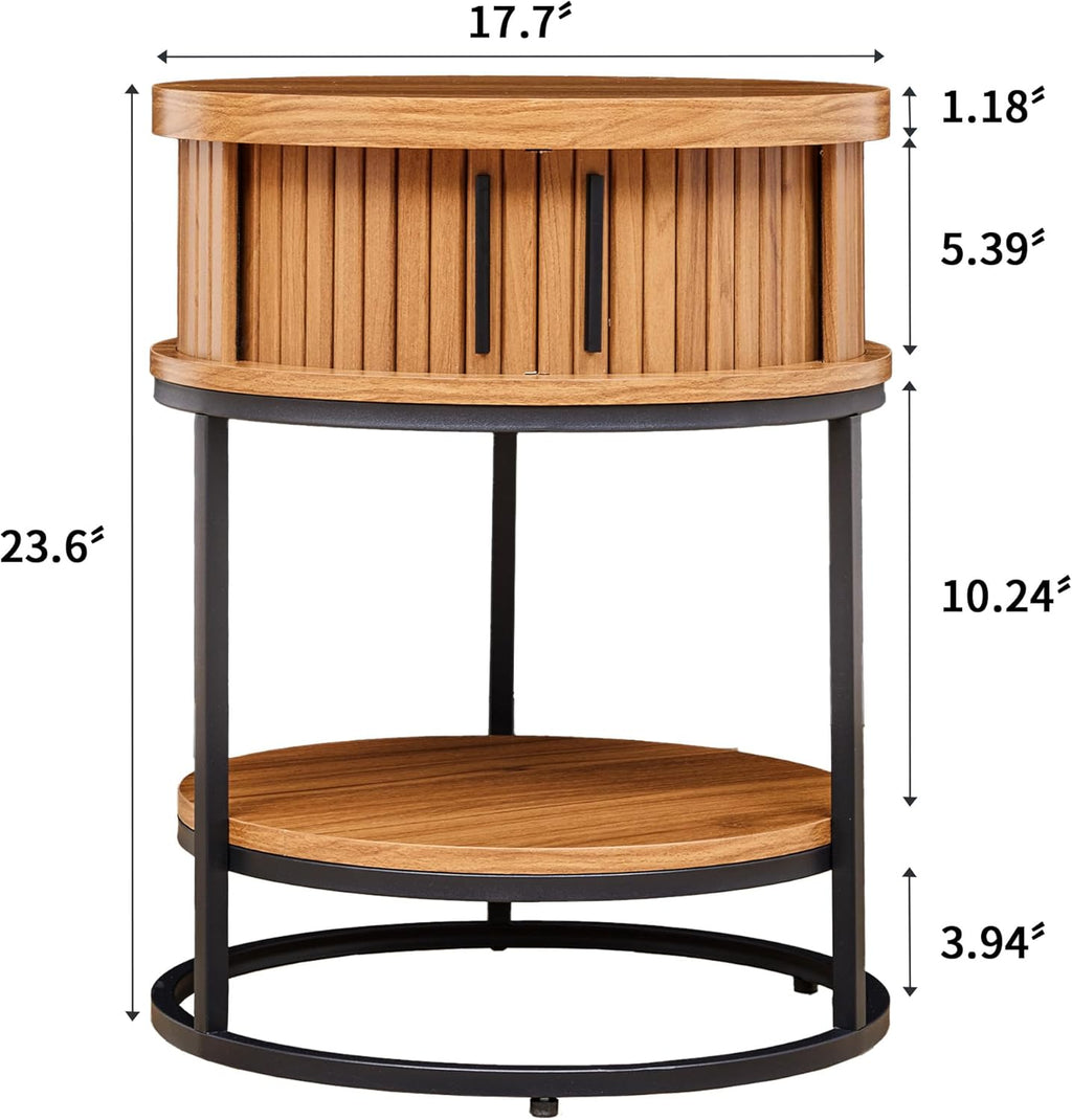 Turtle&Myrtle Small Round Side Table with Storage, 2-Tier Wooden End Table with Sliding Door and Shelf, Mid-Century Circle Nightstand for Living Room, Bedroom, Walnut, 2PC
