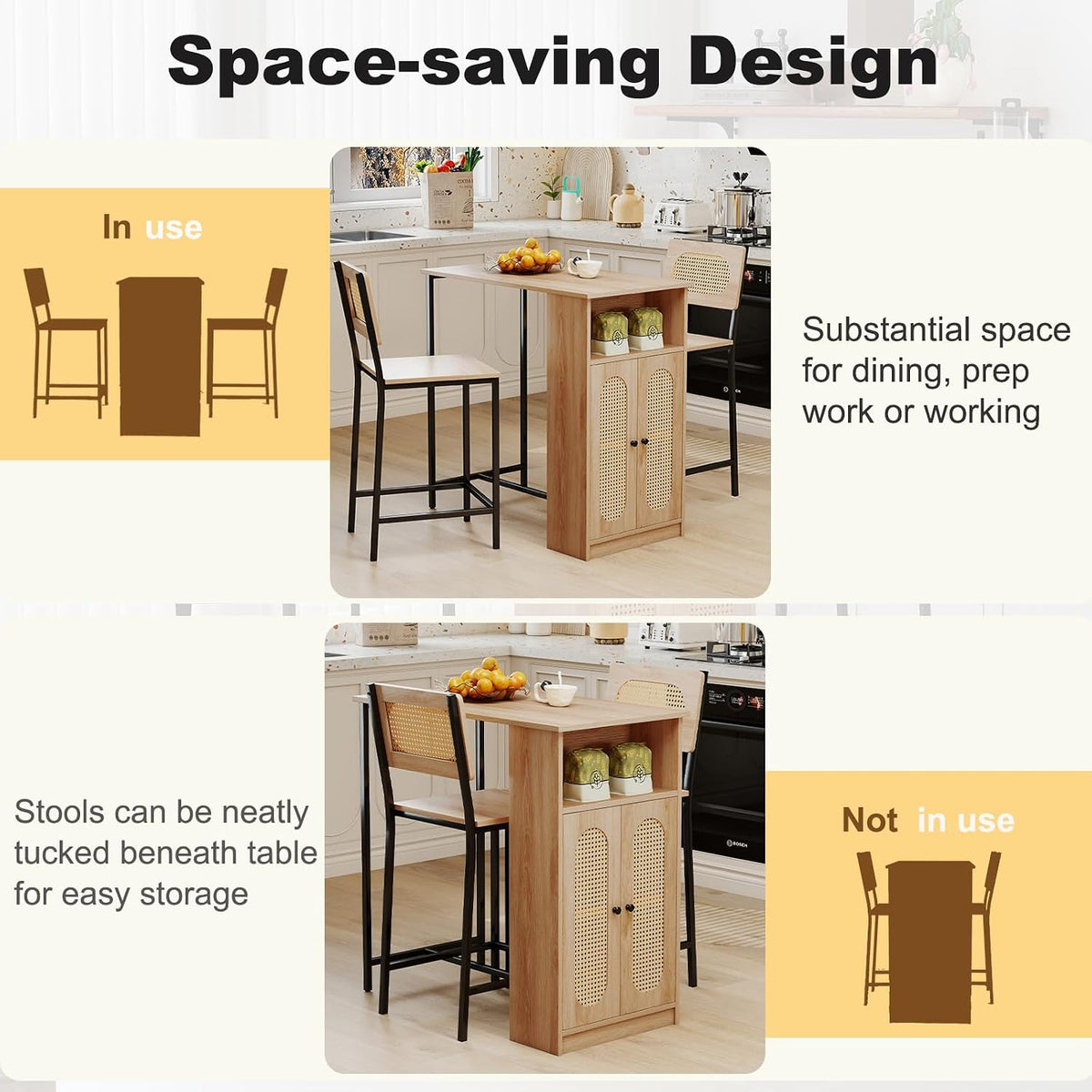 Tangkula 3-Piece Counter Height Bar Table Set, Kitchen Table with 2 Bar Stools & Storage Shelves, Breakfast Table Set with Backrests & Footrests, Rectangular High Top Pub Table with Chairs for 2