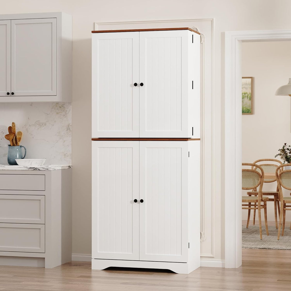 Furnify 72" Tall Kitchen Pantry Cabinet with Door Organizer, White | Farmhouse Rustic Tall Buffet Cabinet with Adjustable Shelves, Freestanding Storage Cupboard for Kitchen Dining Room Bathroom