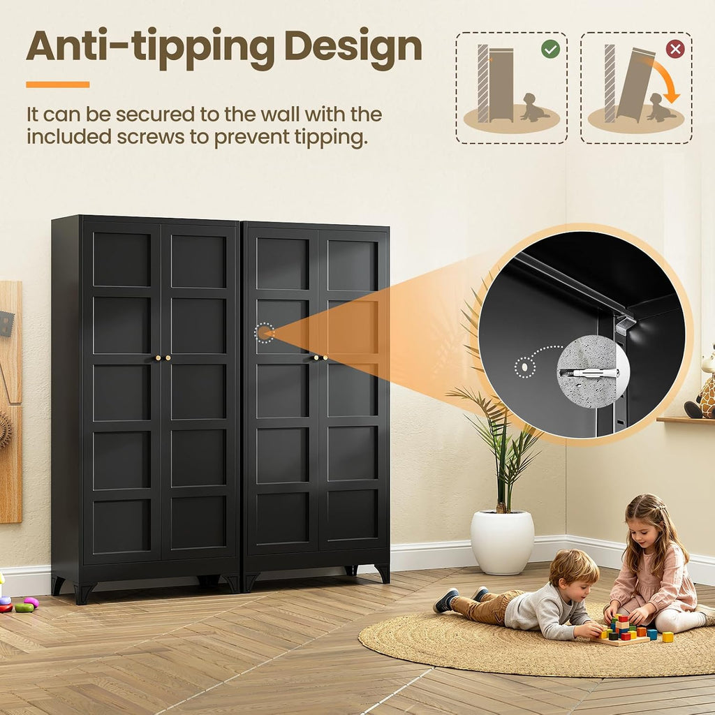 Yizosh Metal Storage Cabinet with 2 Doors and 4 Adjustable Shelves - 71" Black Kitchen Pantry Storage Cabinet,4-Tier Tall Steel Cabinet Locker for Living Room,Dining Room,Kitchen