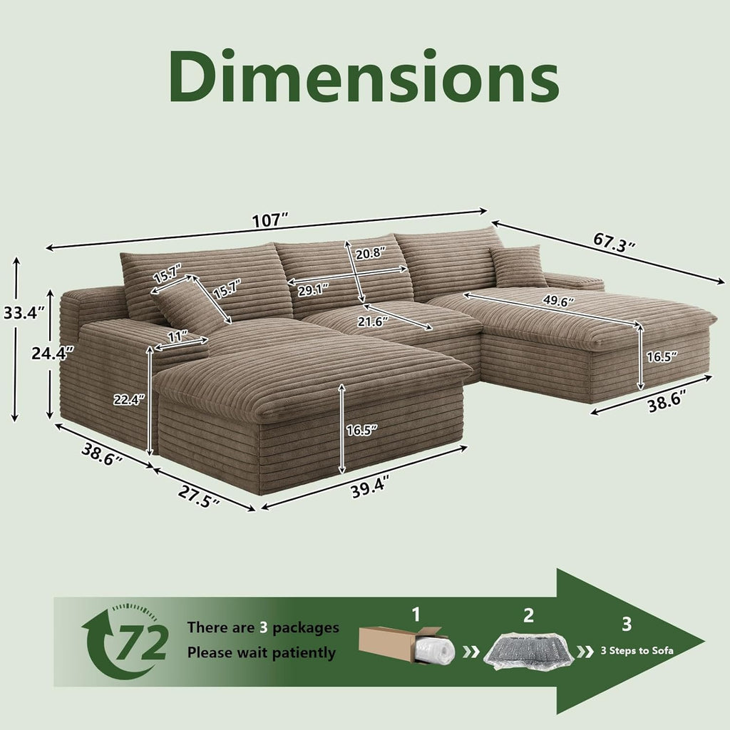107" Cloud Couch Modular Sectional Sofa for Living Room, U-Shape Couch with Deep Seat, Modern Corduroy 3-Seater with Ottoman, No Assembly Required (Camel,Right-Facing Chaise)
