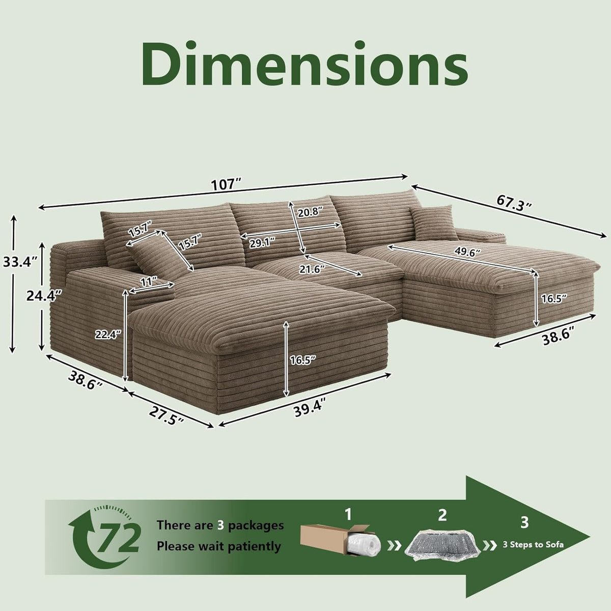 107" Cloud Couch Modular Sectional Sofa for Living Room, U-Shape Couch with Deep Seat, Modern Corduroy 3-Seater with Ottoman, No Assembly Required (Camel,Right-Facing Chaise)