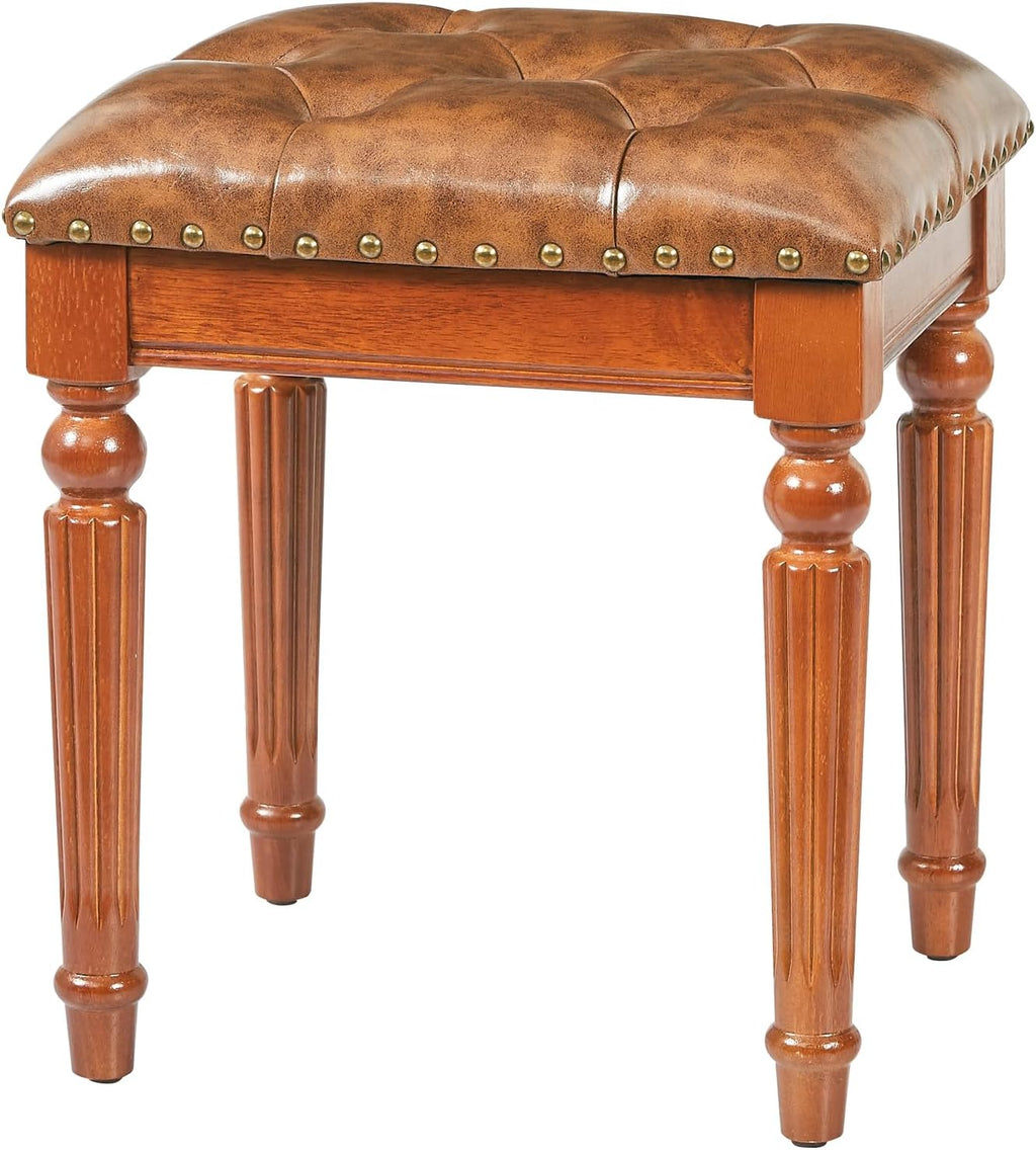 Microfiber Leather Vanity Stool for Makeup,Solid Wood Carvied Vanity Bench Seat,Convertible Piano Stool and Dining Table Chair with Padded Ottoman,Classic Dressing Table Chair for Bedroom