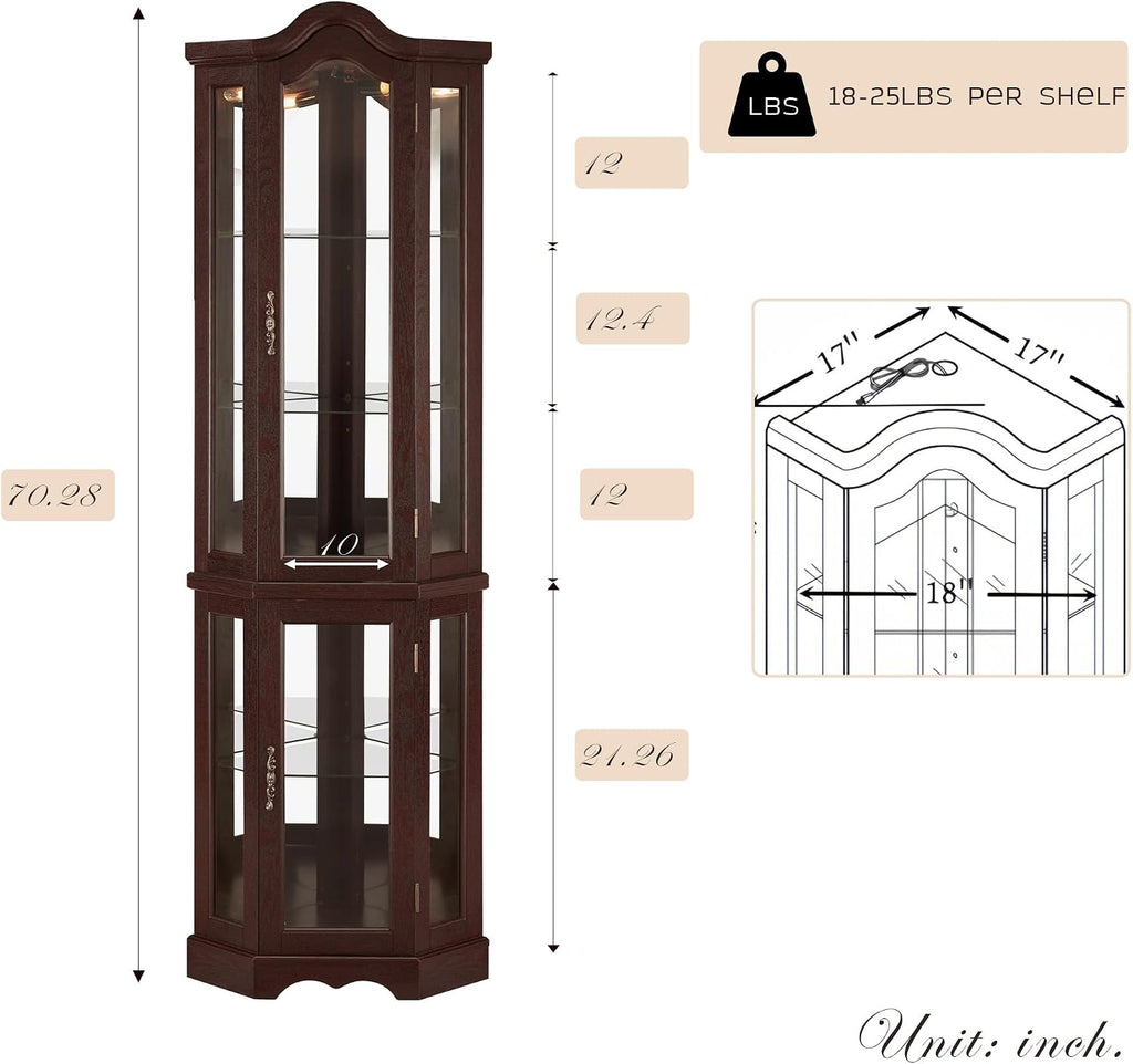 Lighted Corner Curio Cabinet 70.5" Tall Wooden China Cabinet with Tempered Glass Doors, Freestanding Glass Display Case Wine Cabinet Storage Rack for Bar and Liquor Storage (Dark Cherry)
