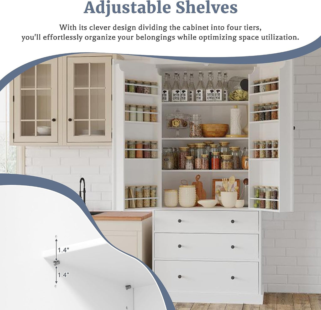 Merax 77” Pantry Cabinet, Kitchen Pantry Storage Cabinet with Drawers, Doors and Adjustable Shelves,Freestanding Buffet Cupboards Sideboard for Living Room and Dinning Room, White