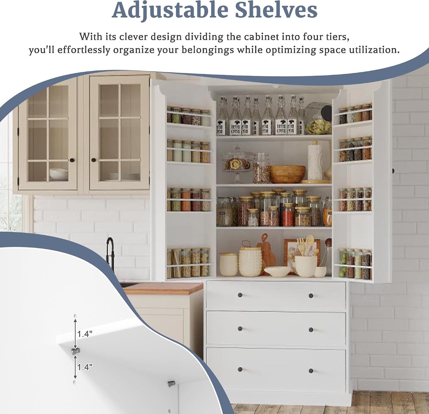 Merax 77” Pantry Cabinet, Kitchen Pantry Storage Cabinet with Drawers, Doors and Adjustable Shelves,Freestanding Buffet Cupboards Sideboard for Living Room and Dinning Room, White