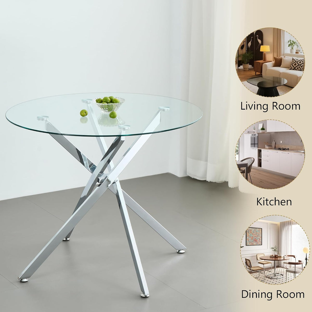 HomVent Silver Round Glass Dining Table Set for 2 with 2 Grey Velvet Chair | 47''Glass Kitchen Table Set Round Table Set of 2, Dining Room Table Set with Glass Top for Dining Room Home Family Gathering