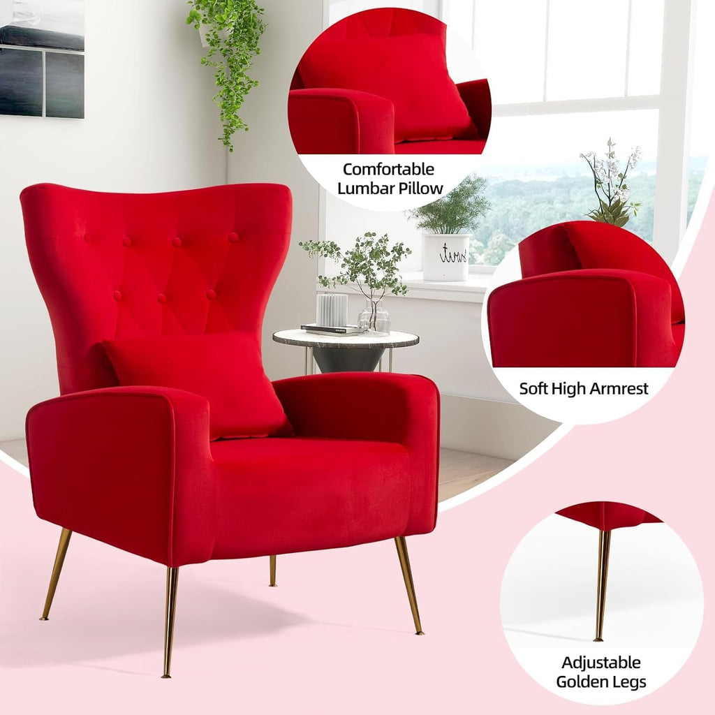 Velvet Accent Arm Chairs Set of 2, Mid-Century Modern Living Room Chair, Wingback Bedroom Side Chair with Gold Legs & Pillow, Button-Tufted, Red