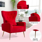 Velvet Accent Arm Chairs Set of 2, Mid-Century Modern Living Room Chair, Wingback Bedroom Side Chair with Gold Legs & Pillow, Button-Tufted, Red