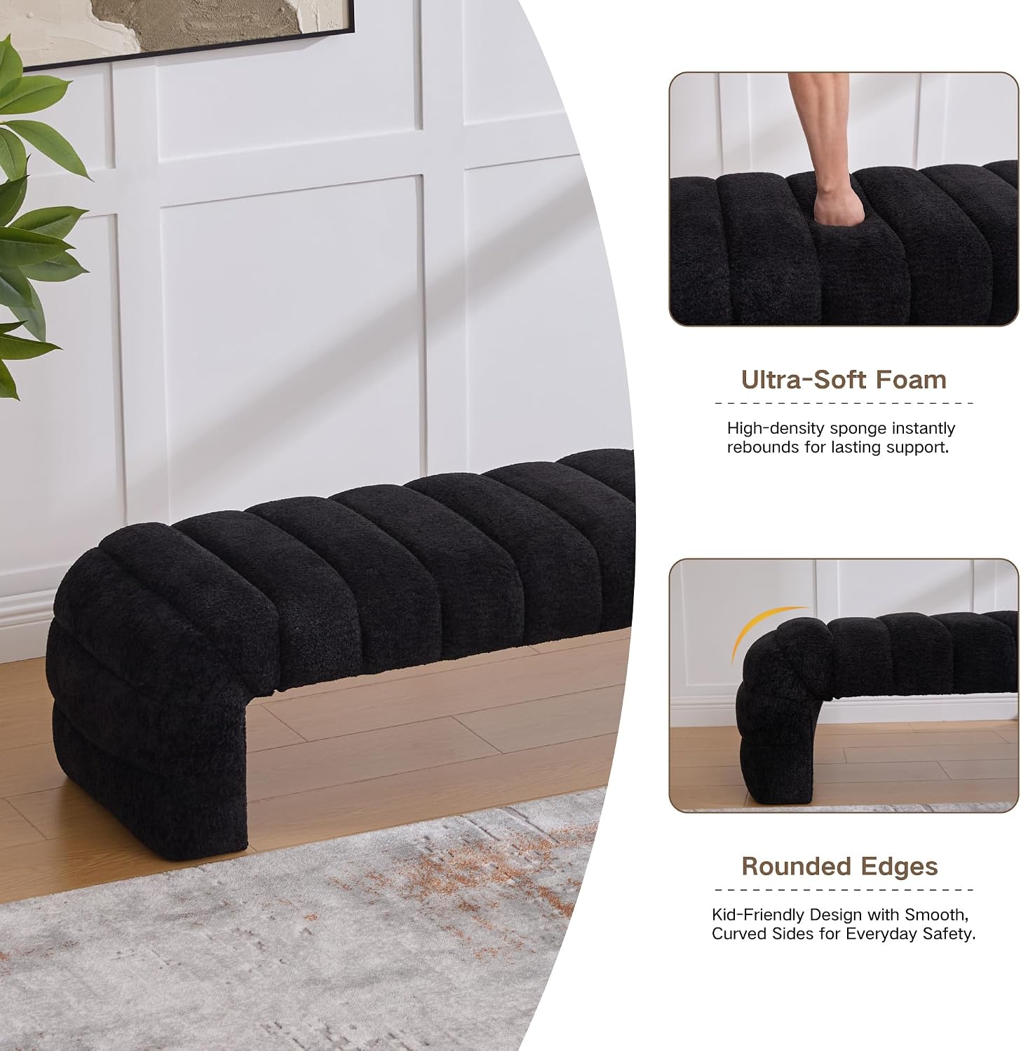 Shoe Bench for Entryway, 69.7''W Modern End of Bed Bench Long Ottoman for Living Room, Cloakroom, Black.