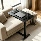 Adjustable Overbed Table with Gas Spring Tilting Desktop, Pneumatic Height Adjustment, H-Base Frame and Hidden Swivel Casters(Dual-sideflip-Black)