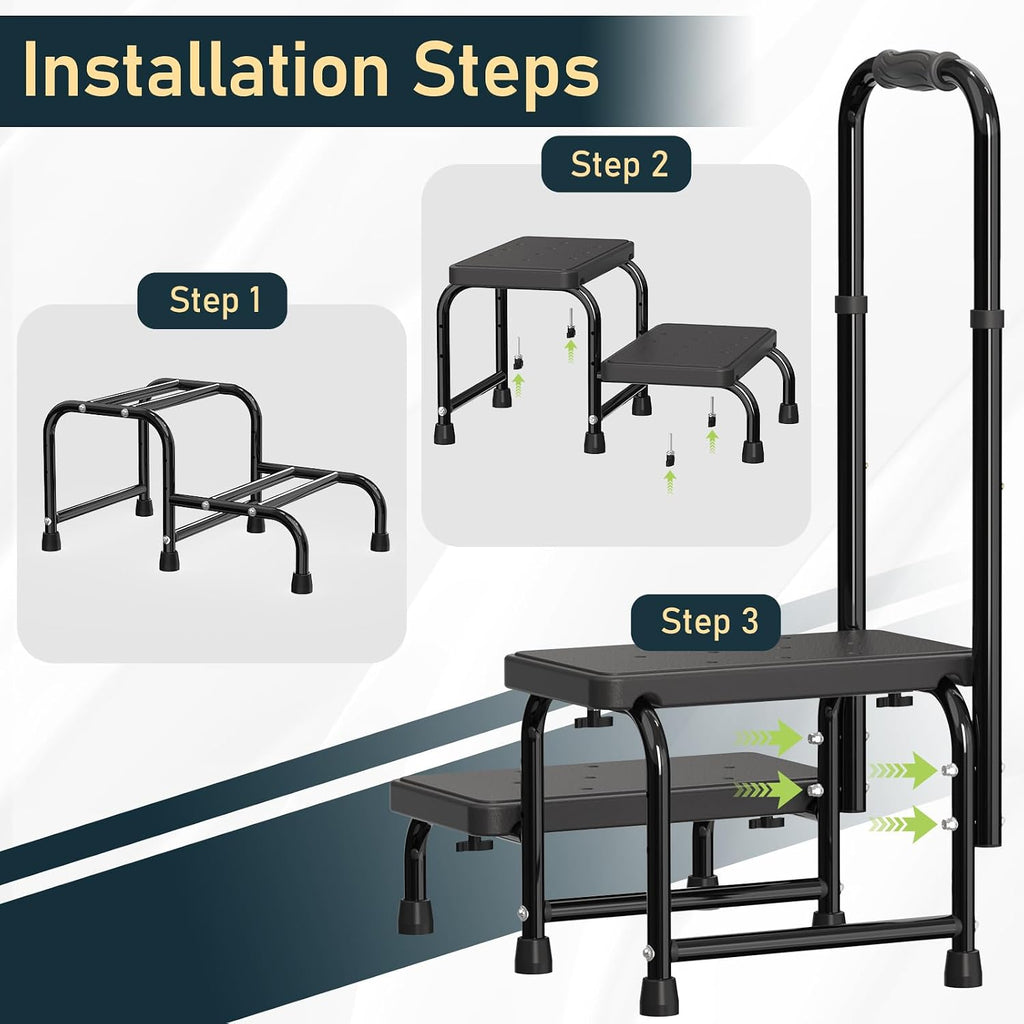 Suteck 2 Step Stool with Handle for Elderly Adults, 6-Leg Welded Bedside Step Stool for High Beds, 10-Level Adjustable Handrail, Wide Non-Slip Platform for Bathroom, Kitchen, RV, 450 lb, Black