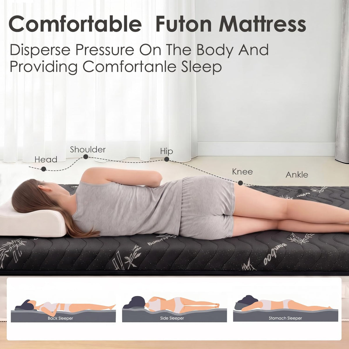Japanese Floor Futon Mattress, 3.5" Thick Viscose Derived from Bamboo, Twin | Breathable Foldable Futon Mattress Tatami Mat, 100% High Density Foam, Roll Up Floor Bed for Guest Room Bedroom RV, Black