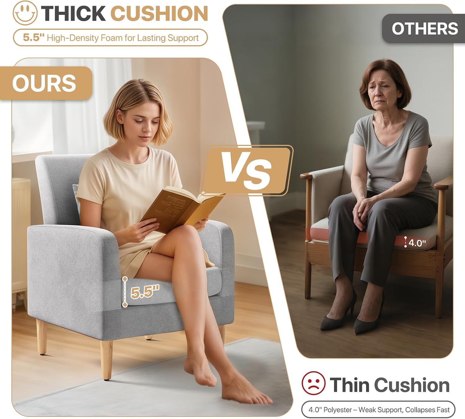 Magshion Mid-Century Accent Chair for Living Room, Comfy Reading Chair for Bedroom, Upholstered Linen Fabric Armchair Single Sofa with Back Pillow & Wood Legs, 300 lbs Capacity, Gray
