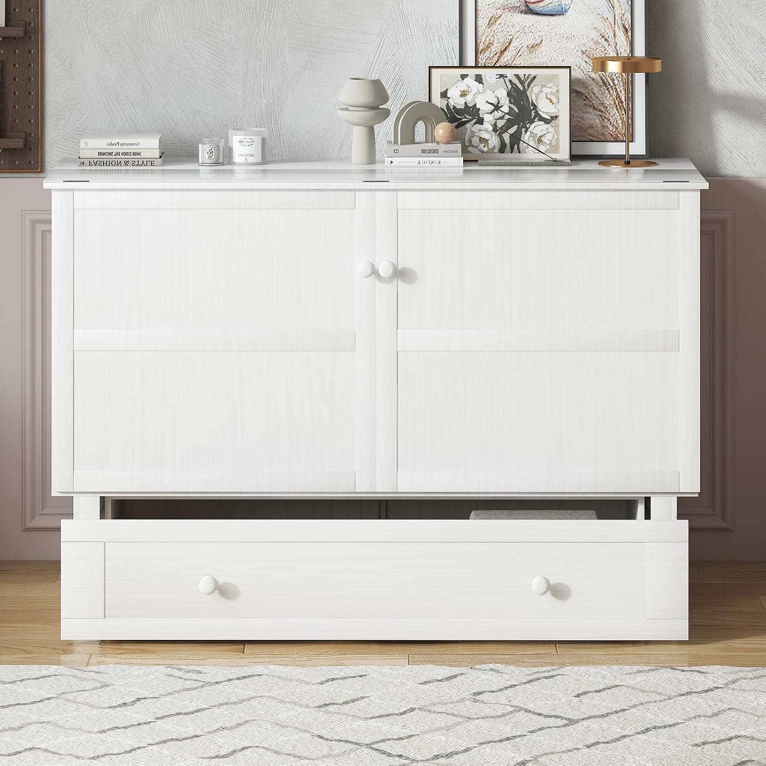 BALUS Murphy Cabinet Bed, Queen Chest Bed with USB Charging Station and Large Storage Drawers, Folding Cabinet Beds Space-Saving for Guest Room, Home, Office, White