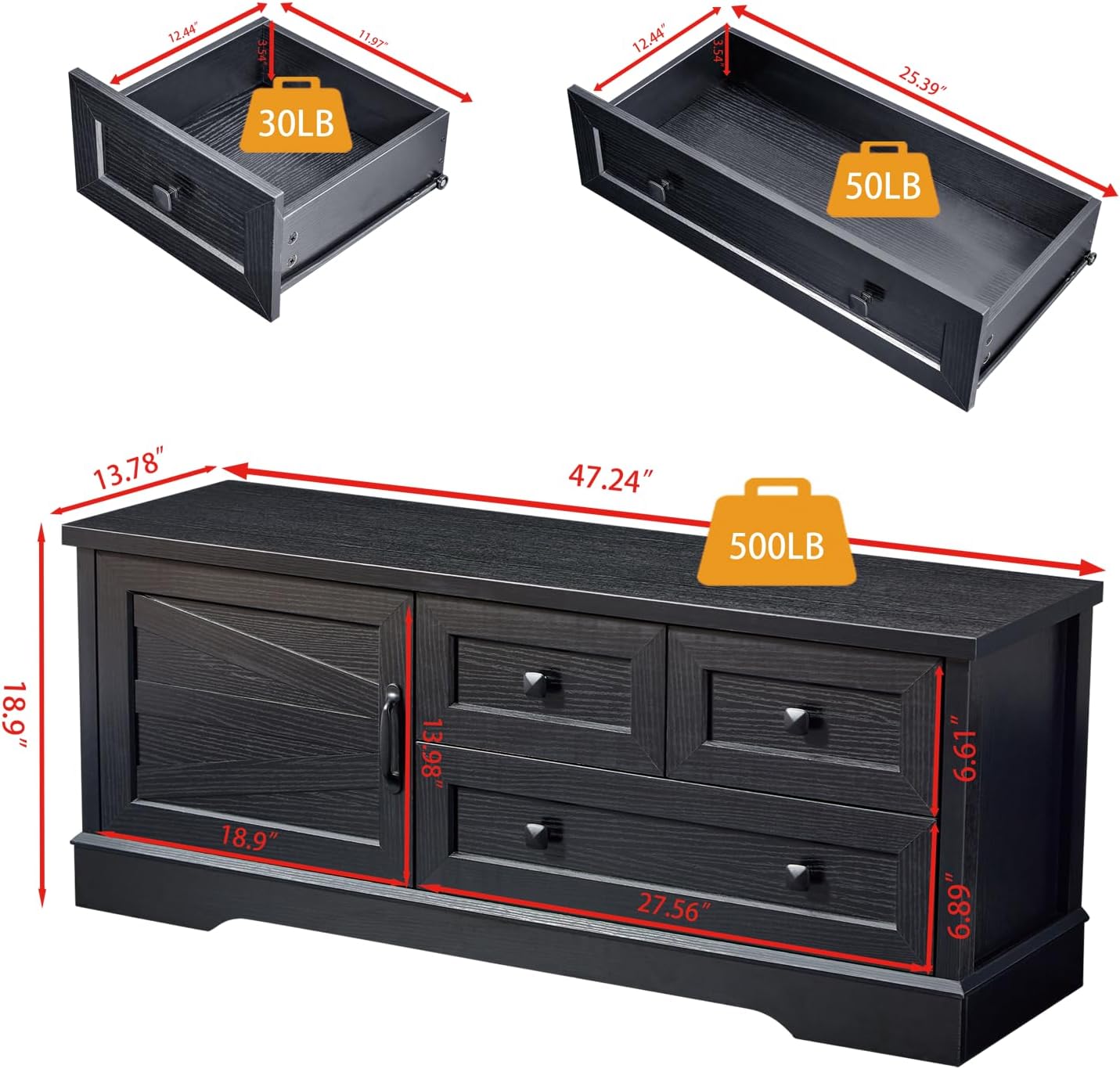 SOOWERY 48 Inch End of Bed Storage Bench, Farmhouse Bed Bench with Drawers and Cabinet, Rustic Shoe Storage Bench for Entryway, Bedroom,Living Room, Black