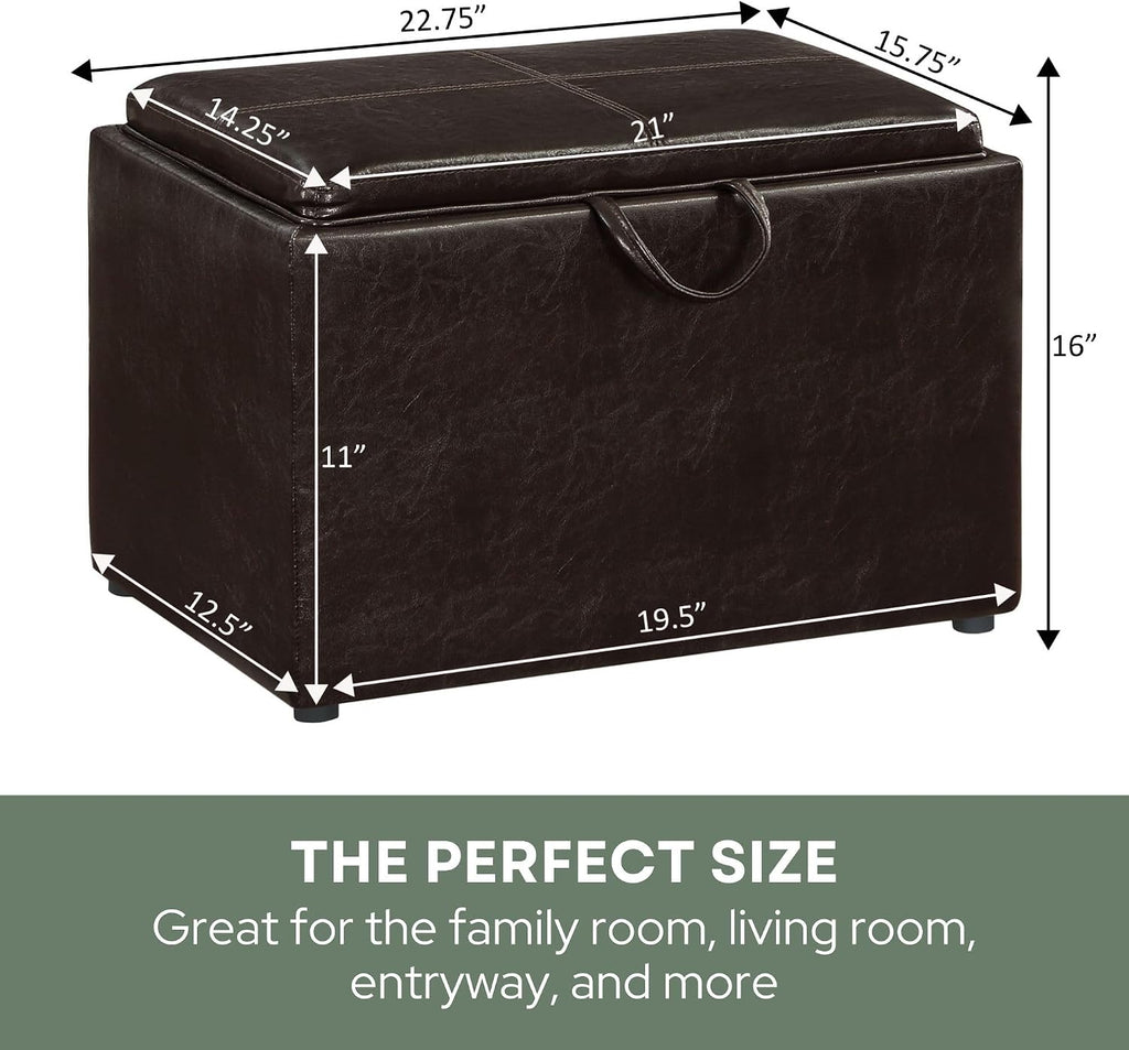 Convenience Concepts Designs4Comfort Accent Storage Ottoman 22.75" - Modern Foot Stool with Decorative Tray for Living Room, Dining Room, Office, Den, Espresso Faux Leather