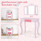INFANS Kids Vanity, 2 in 1 Wooden Princess Makeup Table and Stool Set with Tri-Folding Detachable Mirror 10 Accessories, Toddler Pretend Beauty Dressing Play for Girls Aged 3+