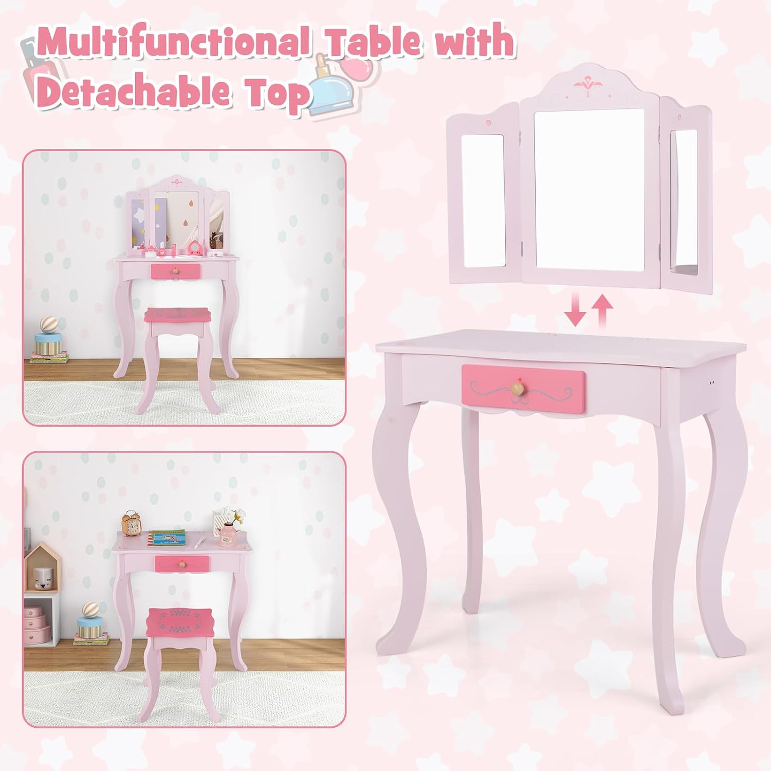 INFANS Kids Vanity, 2 in 1 Wooden Princess Makeup Table and Stool Set with Tri-Folding Detachable Mirror 10 Accessories, Toddler Pretend Beauty Dressing Play for Girls Aged 3+