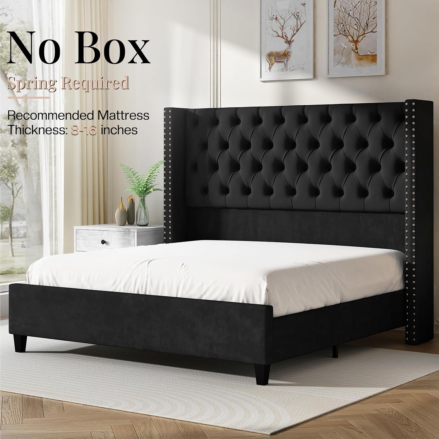 Jocisland King Size Bed Frame with 51.6" Velvet Wingback Headboard, Black