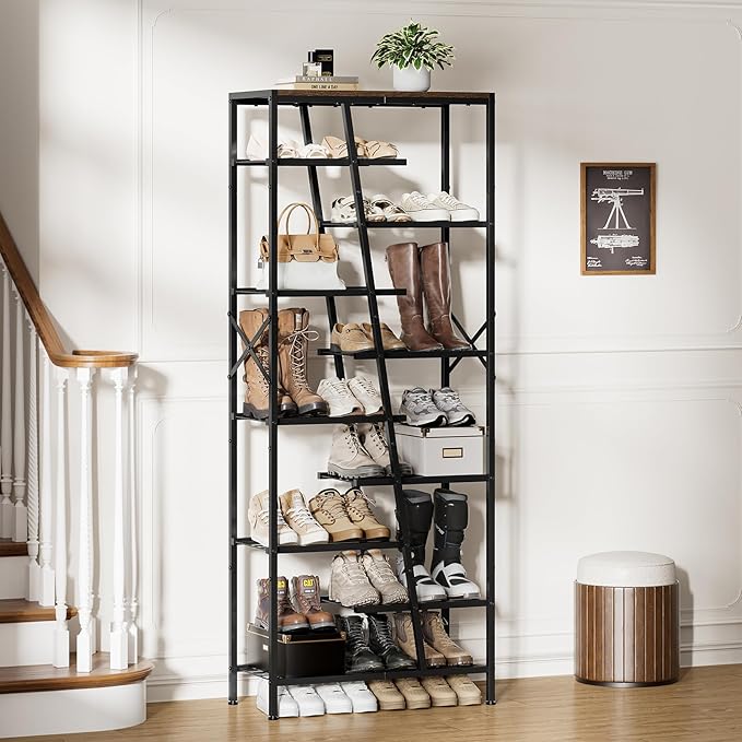 Shoe Rack, 10 Tier Boot Rack, Wooden Storage Organizer for Tall Boots, Large Capacity Metal Shoe Shelf Holds 17-20 Pairs of Shoes, Durable and Stable, for Entryway, Closet, Rustic Brown