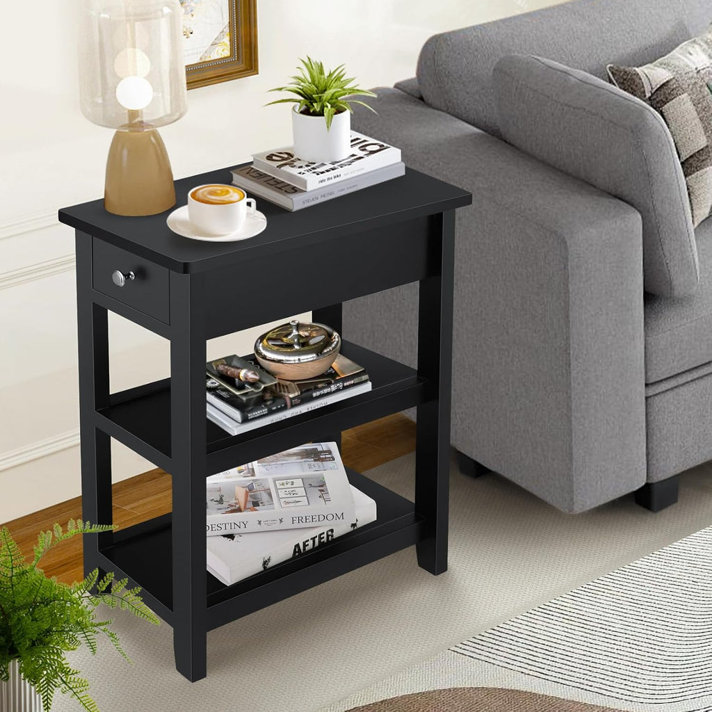 Homdox Narrow Side Table, 3 Tier Sofa End Table with Drawer and Shelf for Living Room, Wooden Nightstand with Storage for Small Spaces, Black