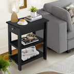 Homdox Narrow Side Table, 3 Tier Sofa End Table with Drawer and Shelf for Living Room, Wooden Nightstand with Storage for Small Spaces, Black