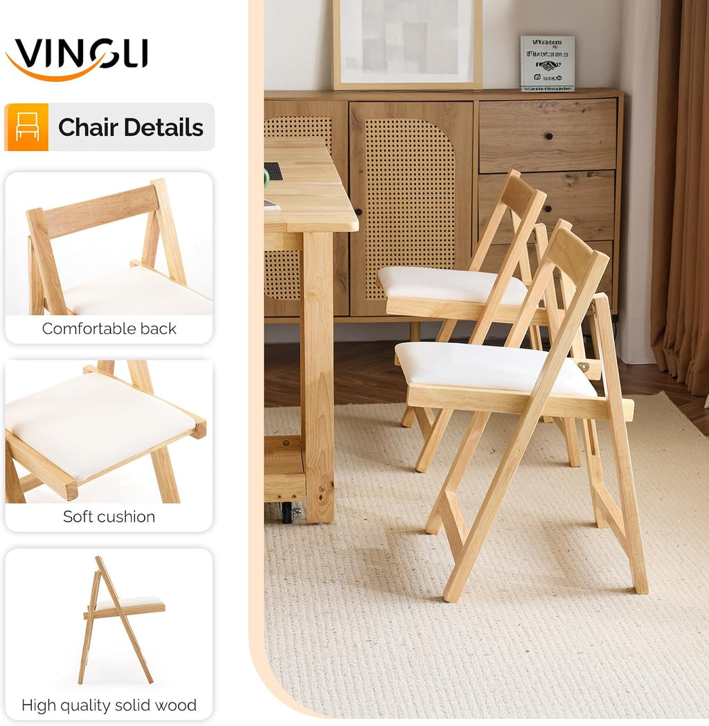 VINGLI 5-Piece Folding Dining Table Set, Extendable Drop Leaf Solid Wood Table with 4 Chairs, Drawers & Wheels, Space-Saving Design for Kitchen, Natural