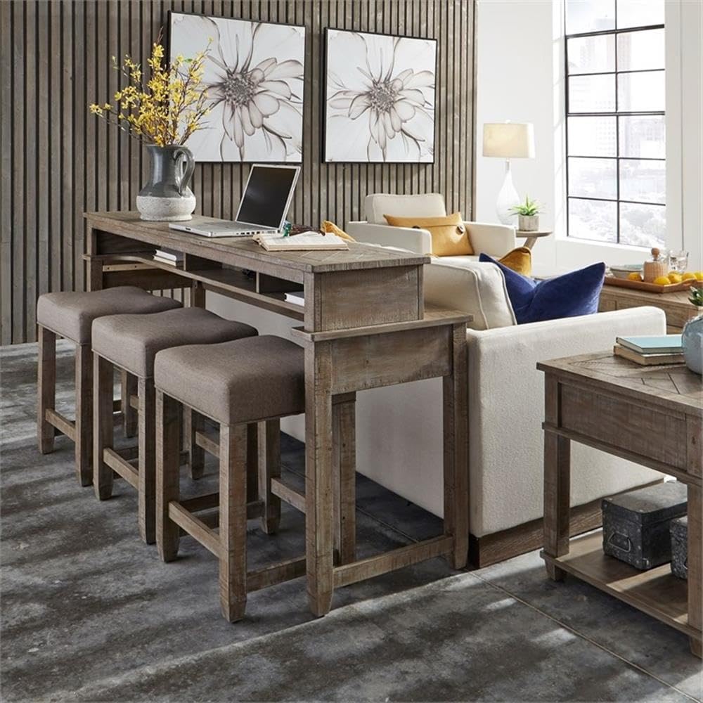 Pemberly Row 4 Piece Living Room Table Set, Pine Wood Console Bar Table w/Weathered Taupe Finish, Knotty Pine Veneers, USB & Power Ports, Linen Upholstered Stools, Space-Saving Multitasking Behind