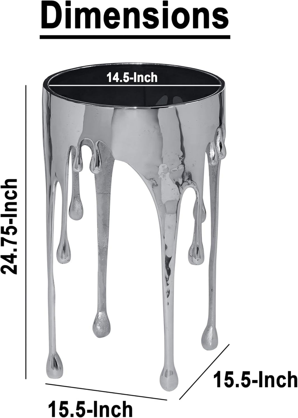 TUP THE URBAN PORT Capri Side End Table, 24.75 Inch Round Glass Top, Silver Finish, Melting Drip Design Base, Modern Glam Accent Table for Living Room, Bedroom and Home Decor Display
