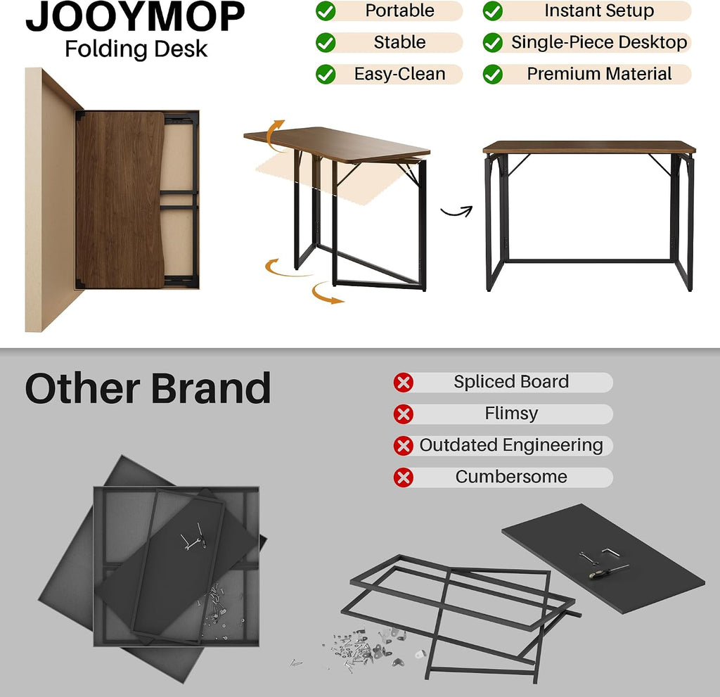 JOYMOOP 47.2" Brown Folding Desk, No Assembly, Wooden Top, Large Size | Versatile Foldable Desk for Work, Study, Craft | Slim-Folding Storage | 150 lbs, Safe Corners | Metal Legs Foldable Table