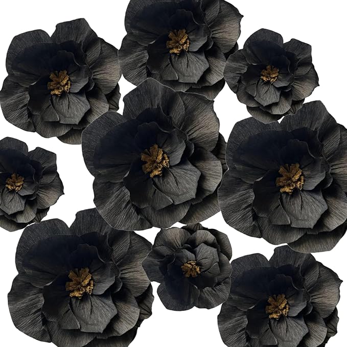 BRT Bearingshui Black Paper Flowers Decoration for Wall Total 9 Pcs, Artificial Flowers for Wedding Decor,Flower Backdrop Decor, Baby Bridal Shower Birthday Party, Black 3D Wall Flowers Decor