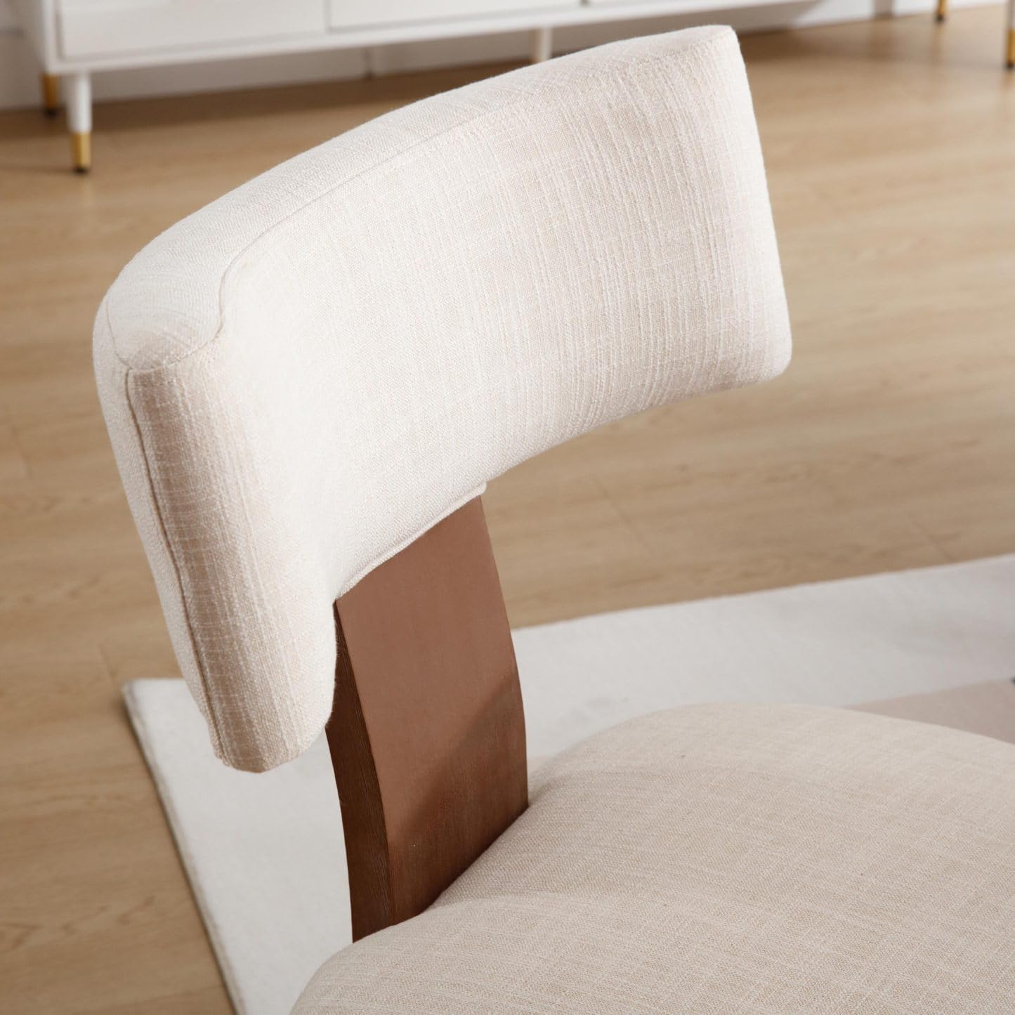 Modern Upholstered Dining Chairs Set of 6, Curved Mid Back, Farmhouse Beige Linen Dining Room Chairs, Natural Wooden Armless Side Chair for Small Space/Kitchen/Restaurant