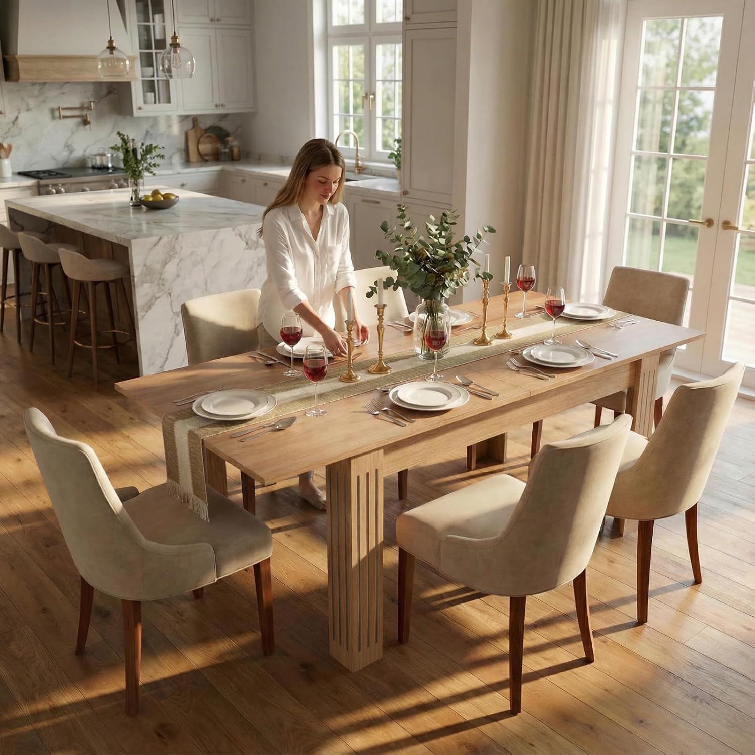 Expandable Dining Table for 4-10 People, 54 to 85 Inch Rectangular Kitchen Table with Self-Storing Leaf, Modern Engineered Wood Dining Table