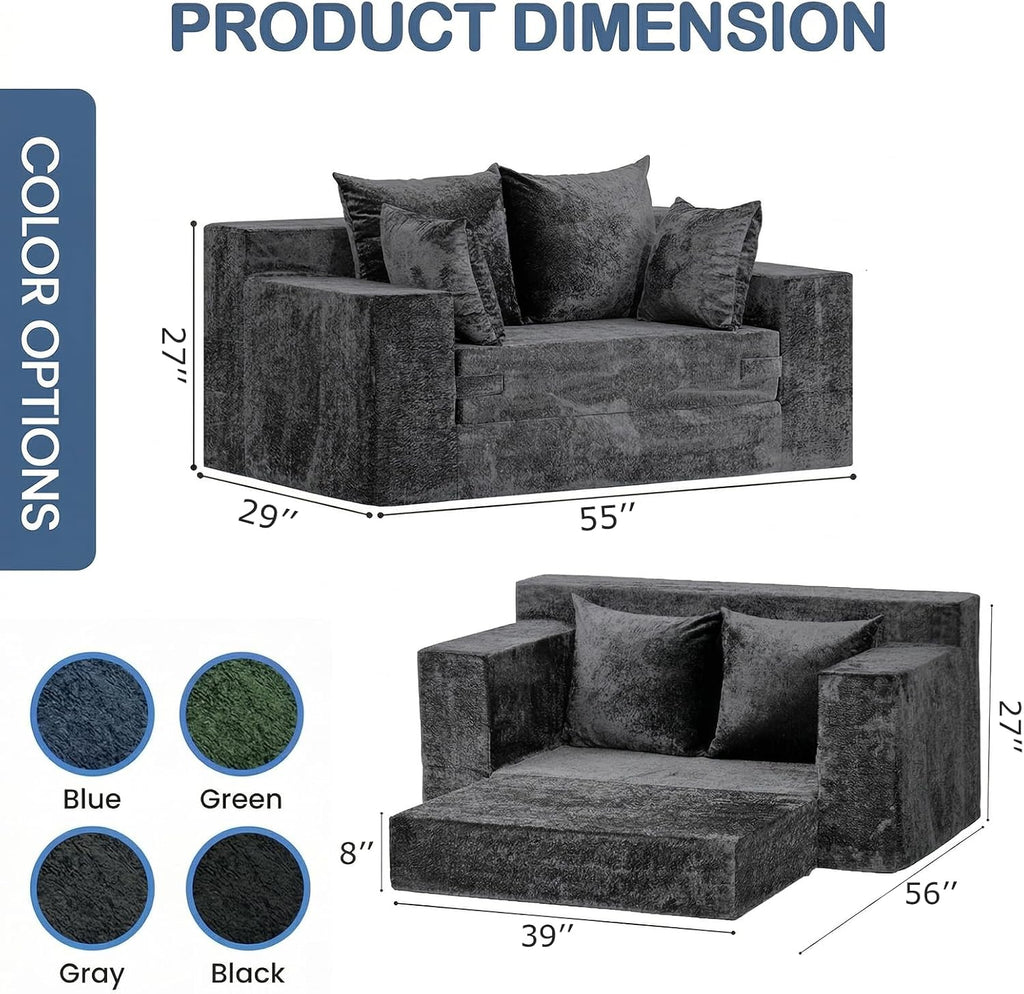 Couch Small, 3-in-1 Loveseat Sleeper Sofa Bed Convertible Sofa Bed with 4 Pillows, Black Couch for Living Room, Guest Room, Small Space