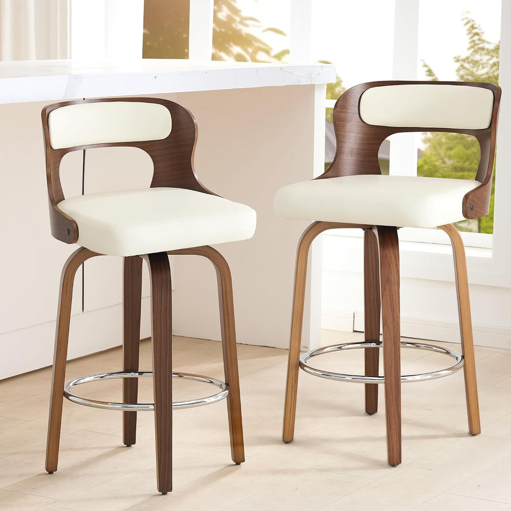 ClinQ 26" Counter Height Barstool Set of 2，Bentwood Leg and Back，White | 360° Swivel Barstool | Faux Leather Upholstered Seating | Ergonomic Backrest | Mid Century Style | Kitchen & Restaurant Use
