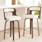 ClinQ 26" Counter Height Barstool Set of 2，Bentwood Leg and Back，White | 360° Swivel Barstool | Faux Leather Upholstered Seating | Ergonomic Backrest | Mid Century Style | Kitchen & Restaurant Use