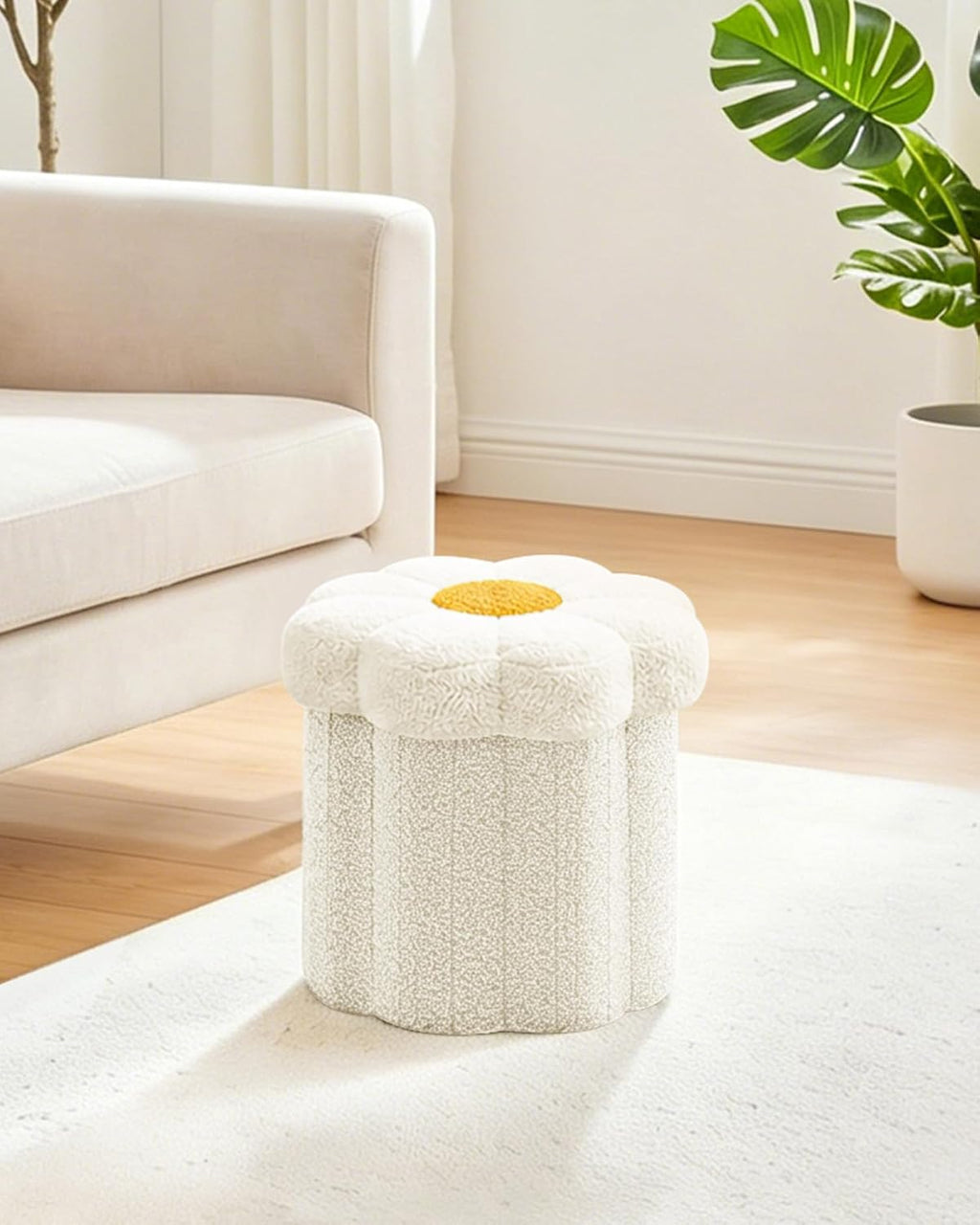 B FSOBEIIALEO Storage Ottoman Cube, 12.6" Ottoman with Storage, Cream White | Sunflower Shaped Footstool，Small Ottomans for Dorm , Faux Teddy Fur, Collapsible Folding Pouf Seat,Living Room, Entryway
