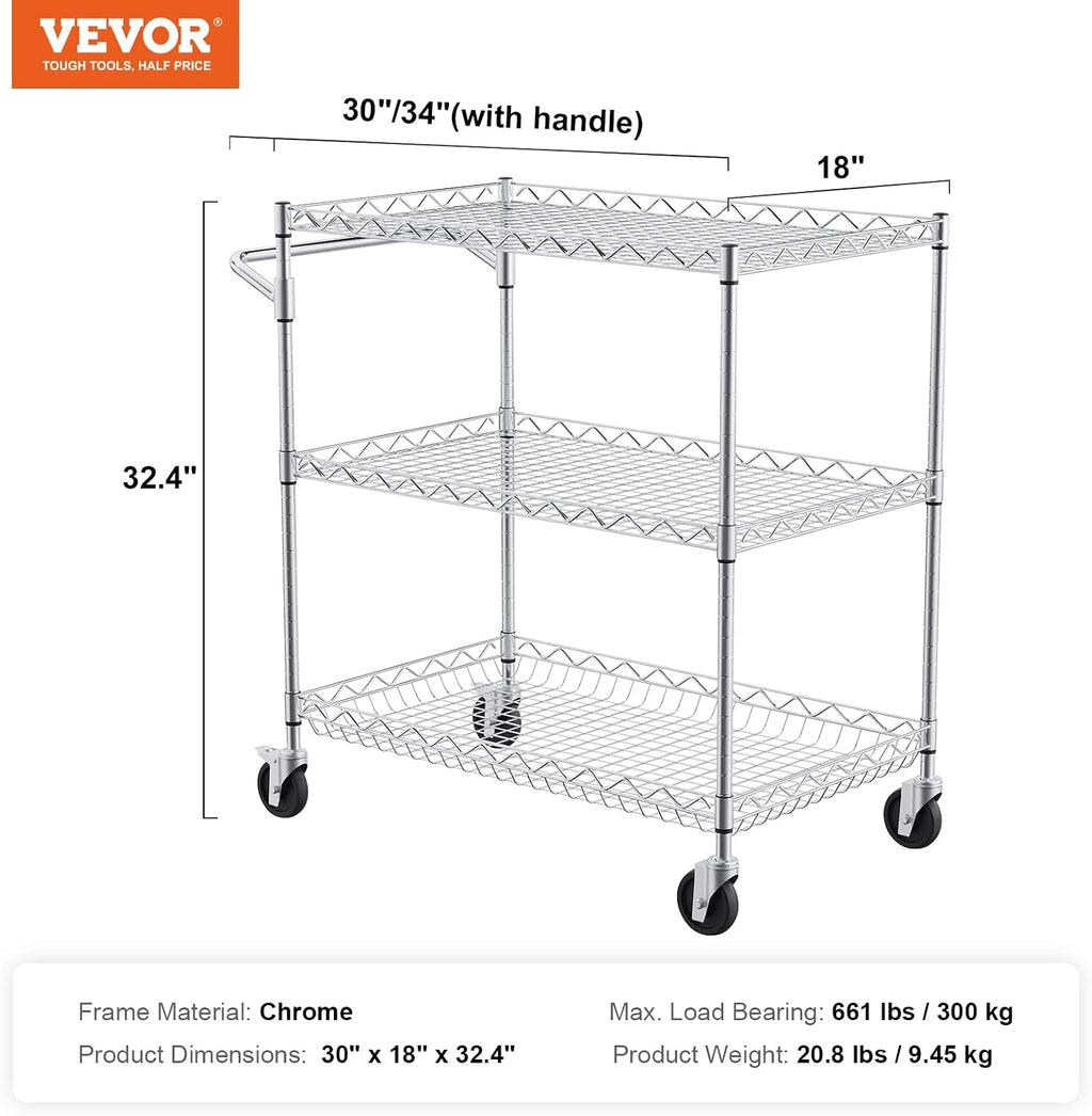 VEVOR Kitchen Utility Cart, 3 Tiers, Wire Rolling Table with 661 LBS Capacity, Steel Service Desk on Wheels, Metal Storage Trolley with 80 mm Deep Basket Curved Handle 6 Hooks