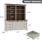 Sweet Memory 78.8" H Farmhouse Kitchen Hutch Cabinet with 3-Tier Open Shelves, Storage Pantry Cabinet with Wide Countertop, 6 Drawers and Barn Door Buffet Pantry with Storage for Dining/Living Room