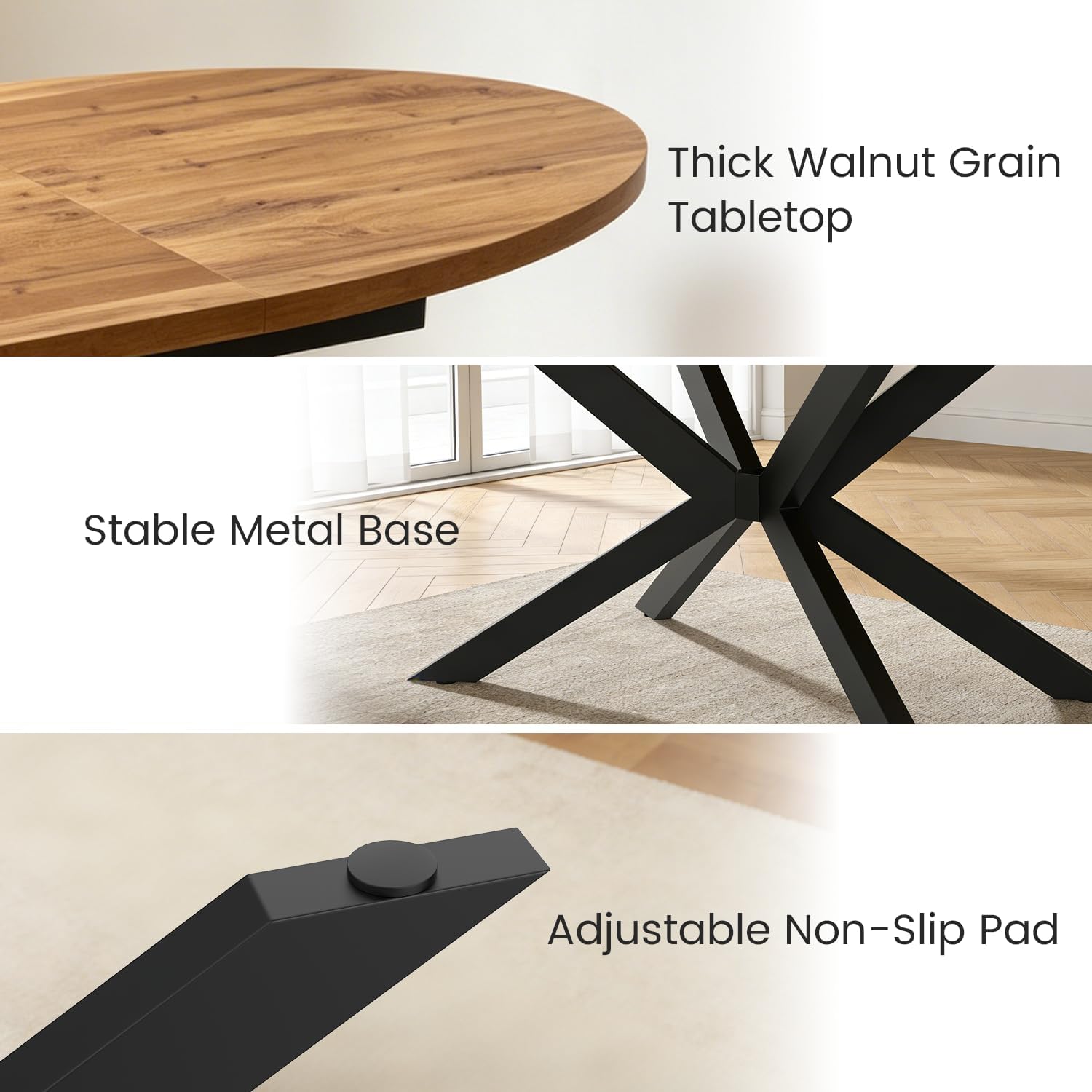 63"-78.7" Extendable Oval Dining Table Set for 4 | 5 Piece Large Round Walnut Table Set, 4 Beige PU Dining Chairs, Living Room, Kitchen, Space Saving, Mid Century Modern